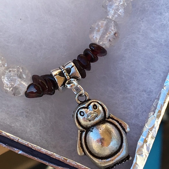 White Sparkly Glass Red Garnet Penguin Bracelet - Picture 2 of 5